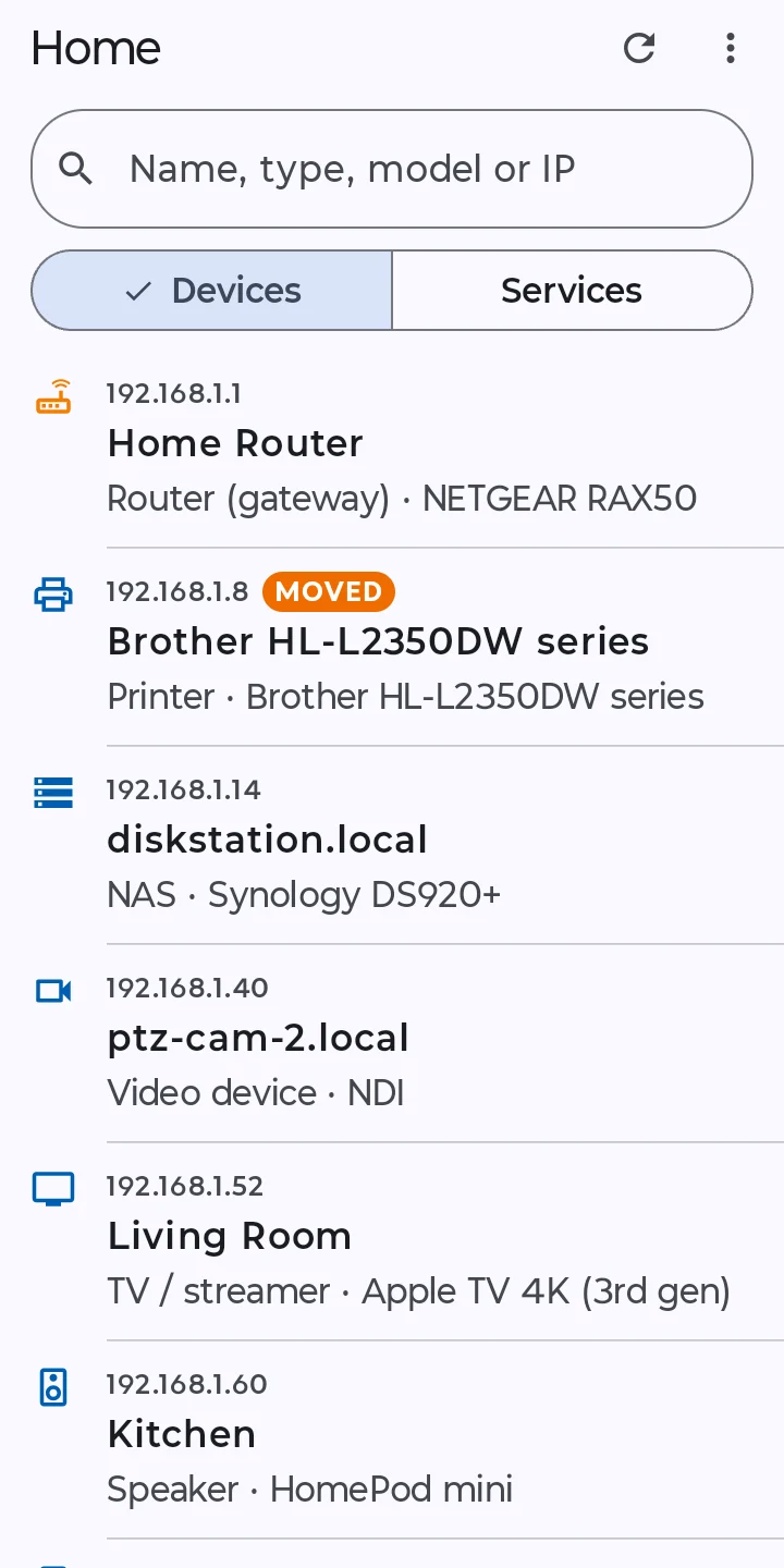 The device list: each device by name, with its type, model and badges such as NEW and MOVED