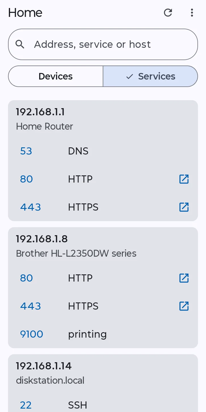 The services list: web pages, file shares and servers grouped by device